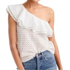 J Crew Women's Eyelet Lace One-Shoulder Ivory Ruffle Top Sz‎ 0